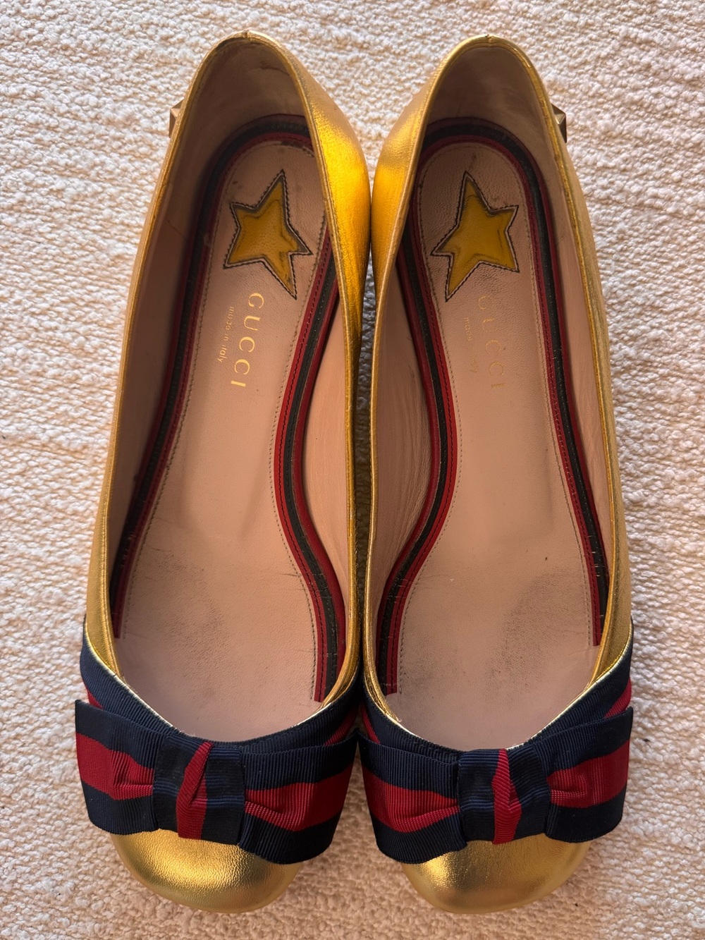 Gucci Sylvie Web Bow Metallic Gold Leather Ballet Flats –Size 37.5 –Box Included - Picture 2 of 8